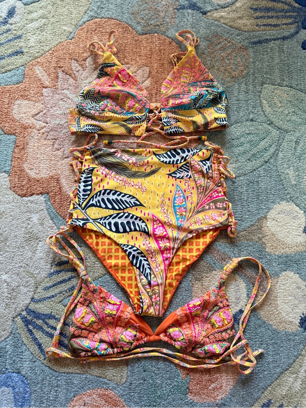Agua Bendita Embroidered Bikini Set XL 3 Piece Reversible Luxury Swimwear